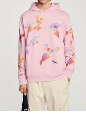 Sandro Pastel Pink Hoodie with Multicolor Fish Motif